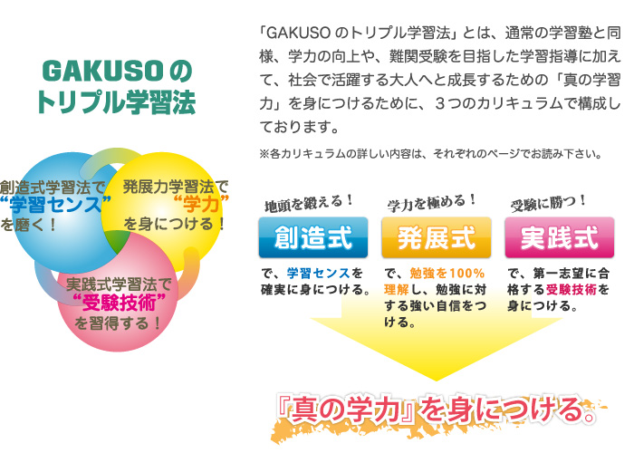 GAKUSOのトリプル学習法とは、通常の学習塾と同様、学力の向上や、難関受験を目指した学習指導に加えて、社会で活躍する大人へと成長するための「真の学習力」を身につけるために、3つの学習法を元にしたカリキュラムで構成されています。